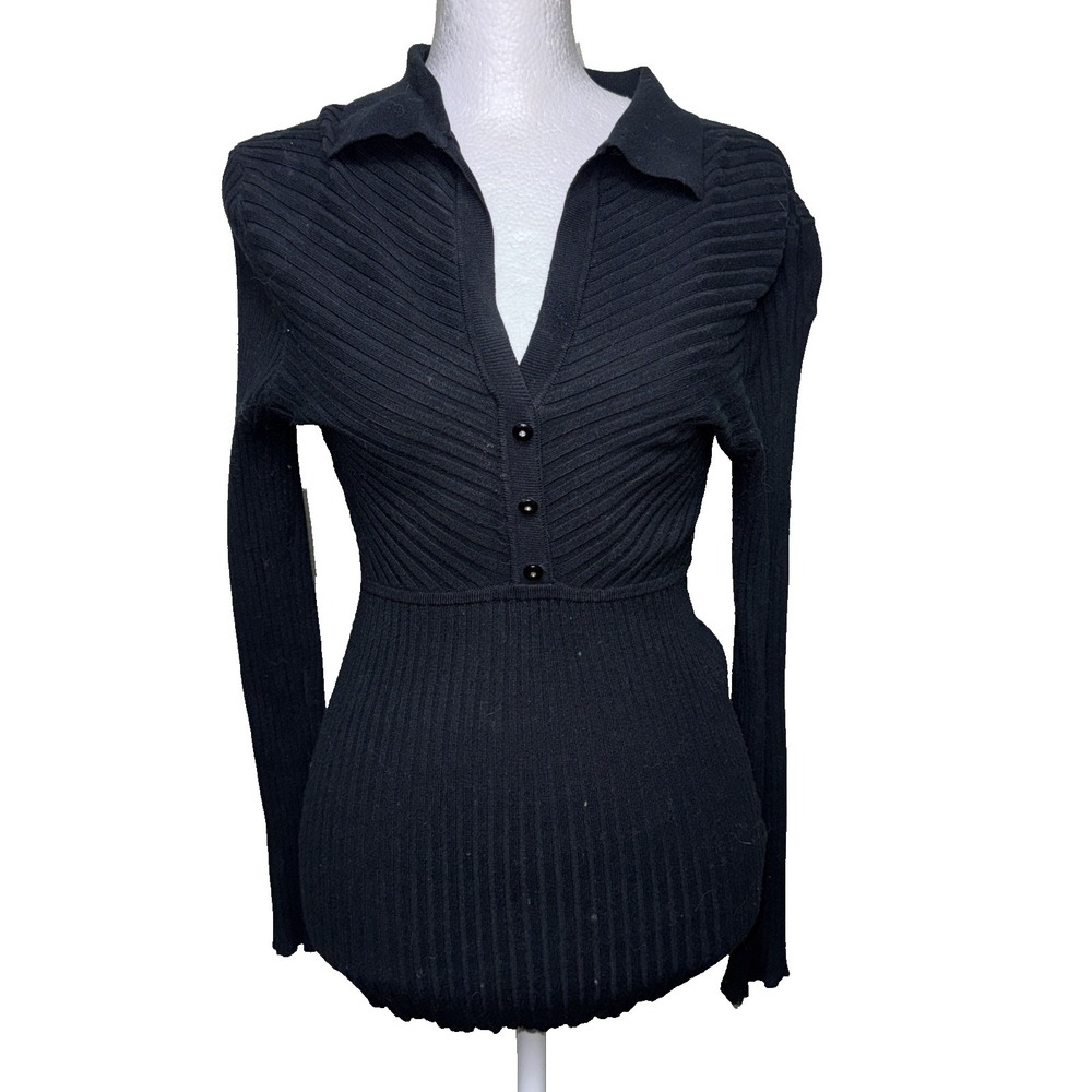 Debbie Morgan Black Ribbed Knit Sweater Y2K Minimalist Coquette Chic M‎